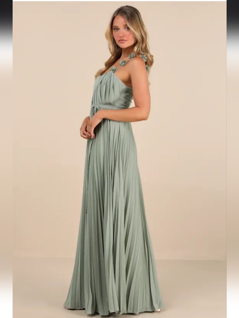 Lulus Hera Sage Pleated Floral Applique Maxi Dress Green - Size M - Picture 4 of 16